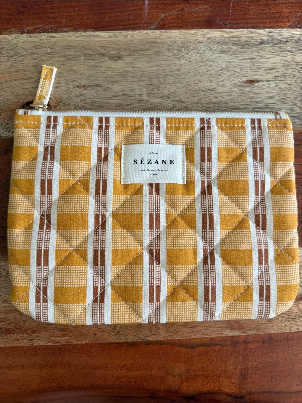 NWOT Sézane Mustard Yellow and Brown Quilted Stripe Pouch